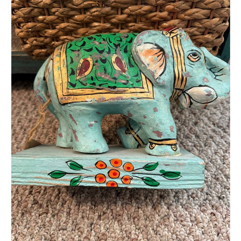 Hand Painted Distressed Elephant Decor Figure – Boho Global Style